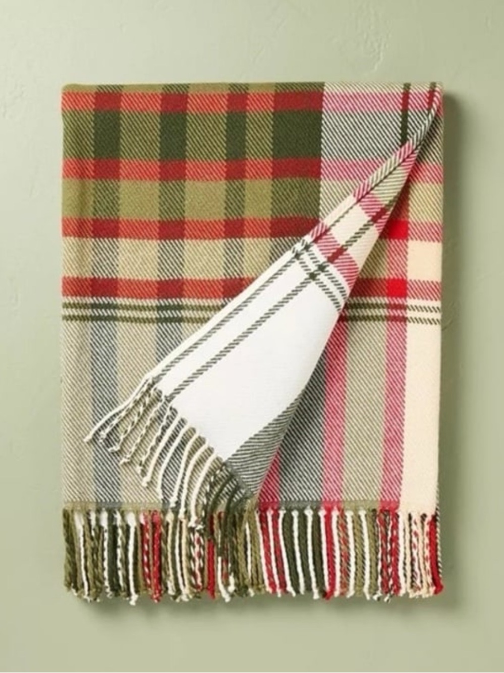 Hearth & Hand with Magnolia Plaid Throw in Olive Green, Red, & Cream